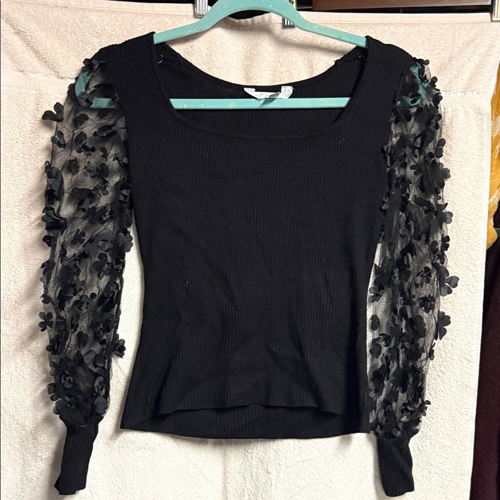 Black Top with Sheer Floral Sleeves